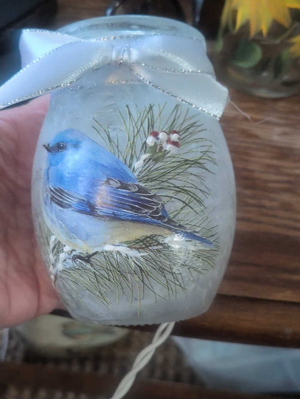 Hand-Painted Glass Bird Accent Lamp with White Bow